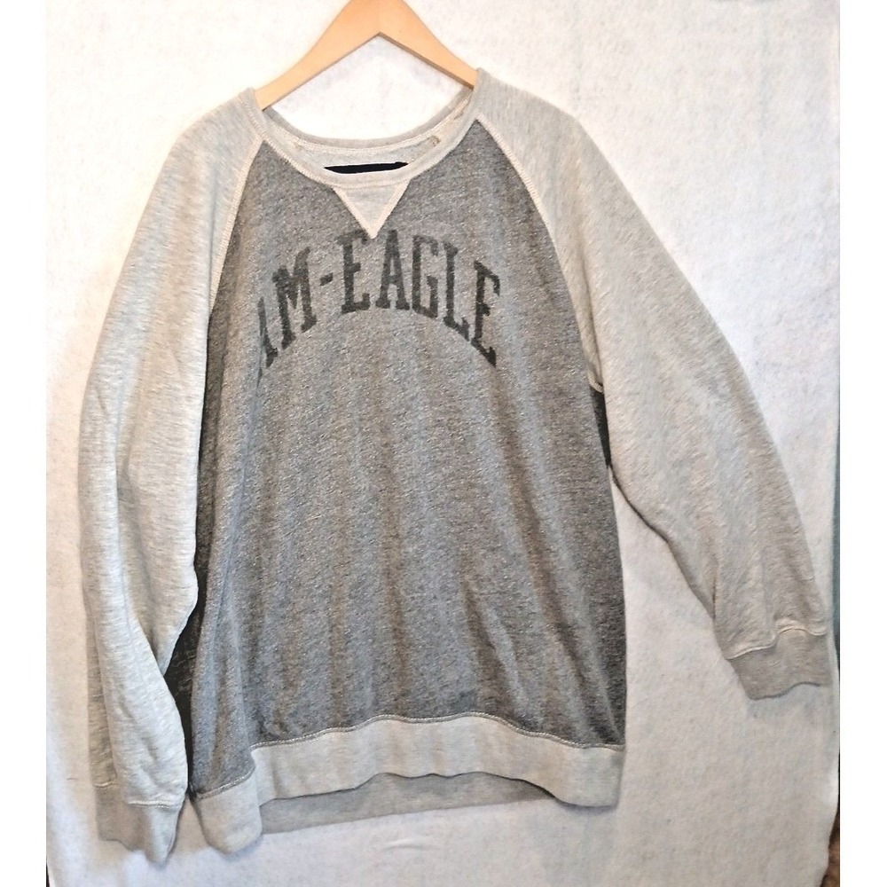 American Eagle Outfitters Mens XXL Raglan Sweatshirt Grey Graphic Pullover Crew